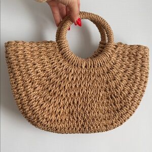 Woven Straw Half-Moon Handbag in Natural Tan